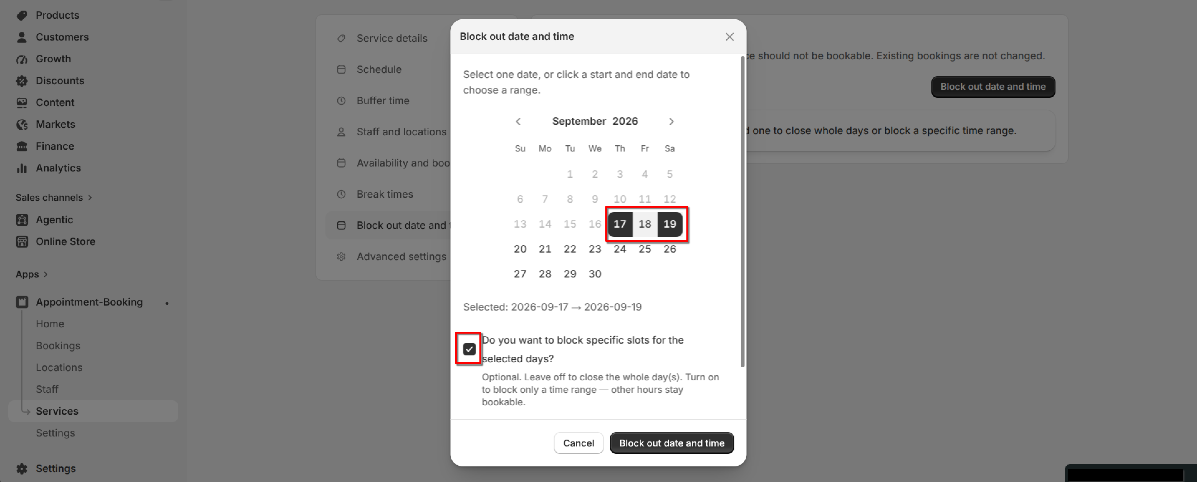 Block out date and time dialog with a date range from September 17 to 19 selected on the calendar and the "block specific slots" checkbox checked